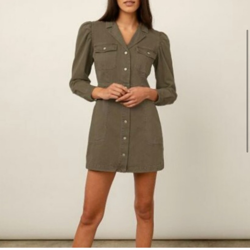 Rails Lisette Denim Twill Mini Dress Button Up Puff Sleeve Moss
